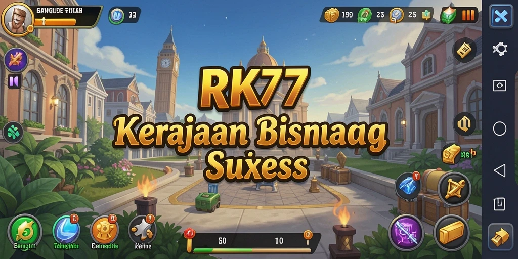 Screenshot RK77 menampilkan aksi membangun kerajaan bisnis yang menarik.