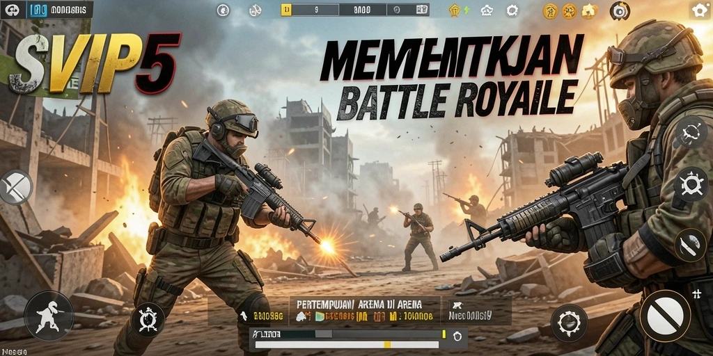 Screenshot gameplay SVIP5 menampilkan pertarungan intens di arena Battle Royale.